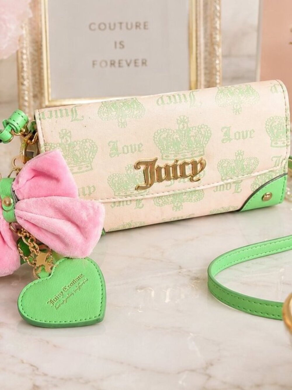 Juicy Couture Pink Green Crown Crossbody Bag Bow Charm NWT